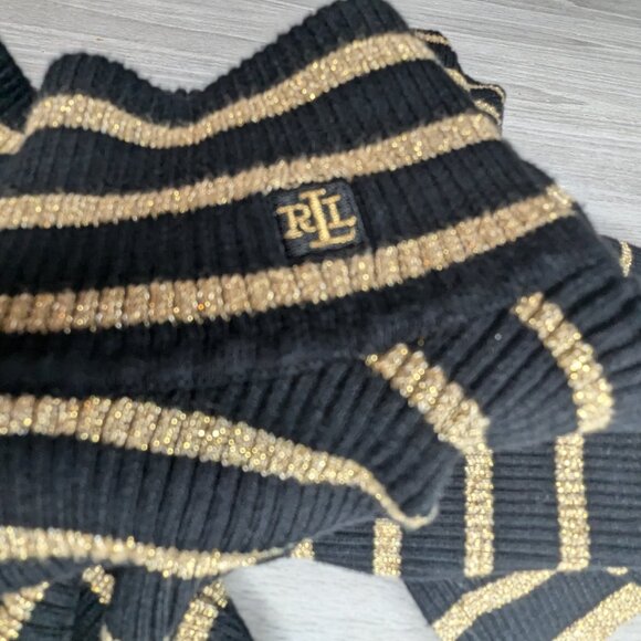Lauren Ralph Lauren Black & Gold Tone Striped Ribbed Turtleneck Top Size Medium - Picture 6 of 12